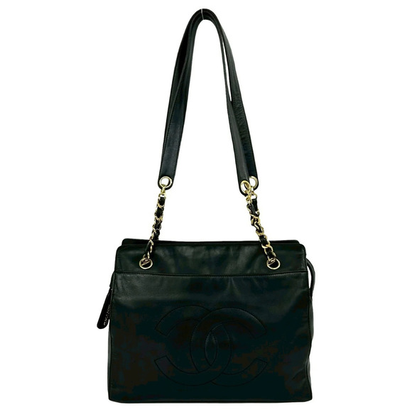 CHANEL Handbags - CHANEL Vintage Black Lambskin Leather Logo Shoulder Bag